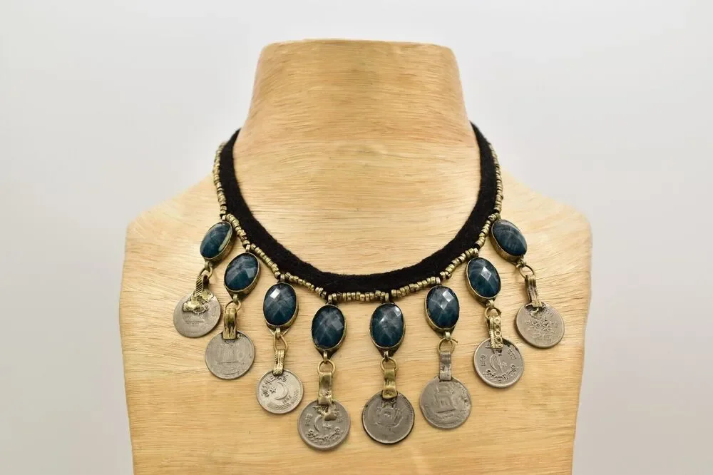 Vintage Coin Dangle Necklace Collar Bib Blue Crystal Black Fabric Silver BinBJ
